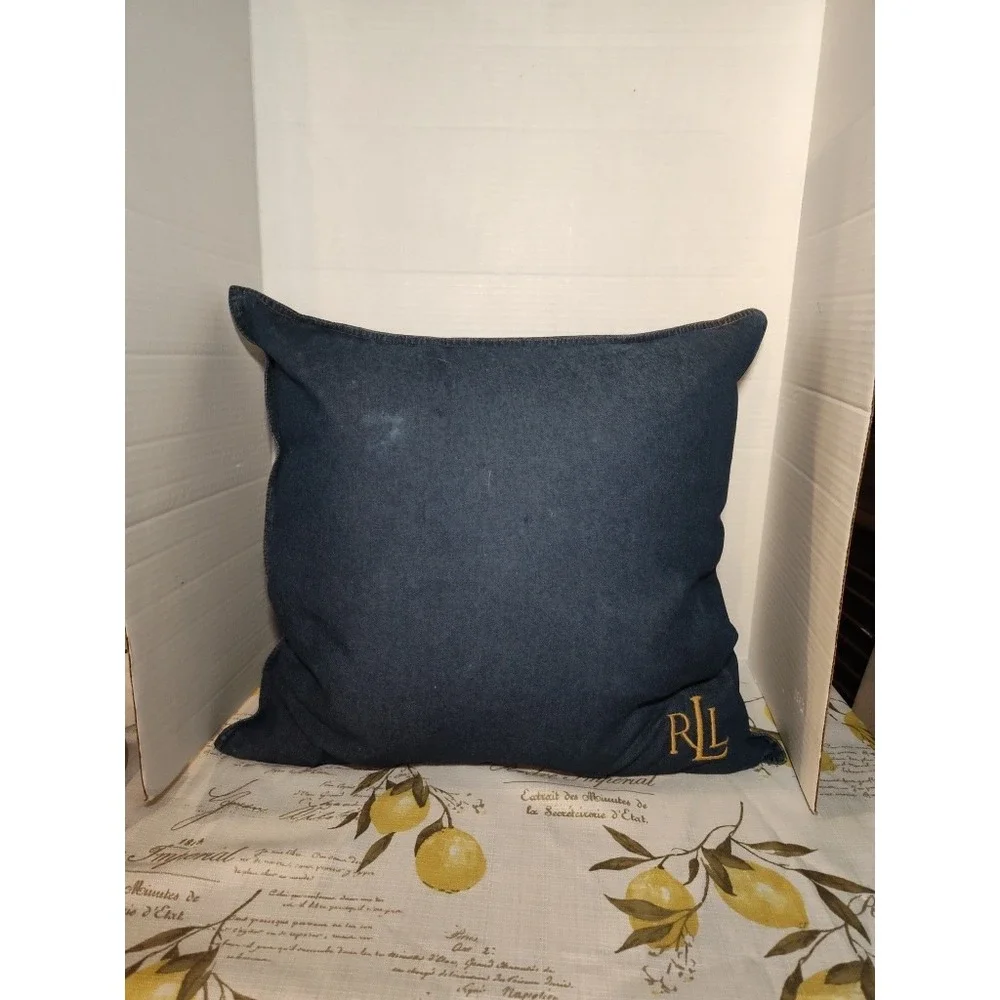 Ralph Lauren Dark Blue Denim Down Throw Pillow Gold Logo‎ Zipper